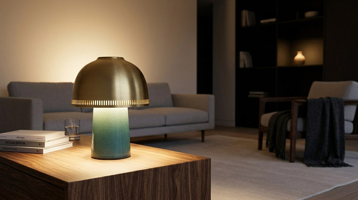 Living room at night lit by a ceramic cordless table lamp and a soft wash of light across the wall