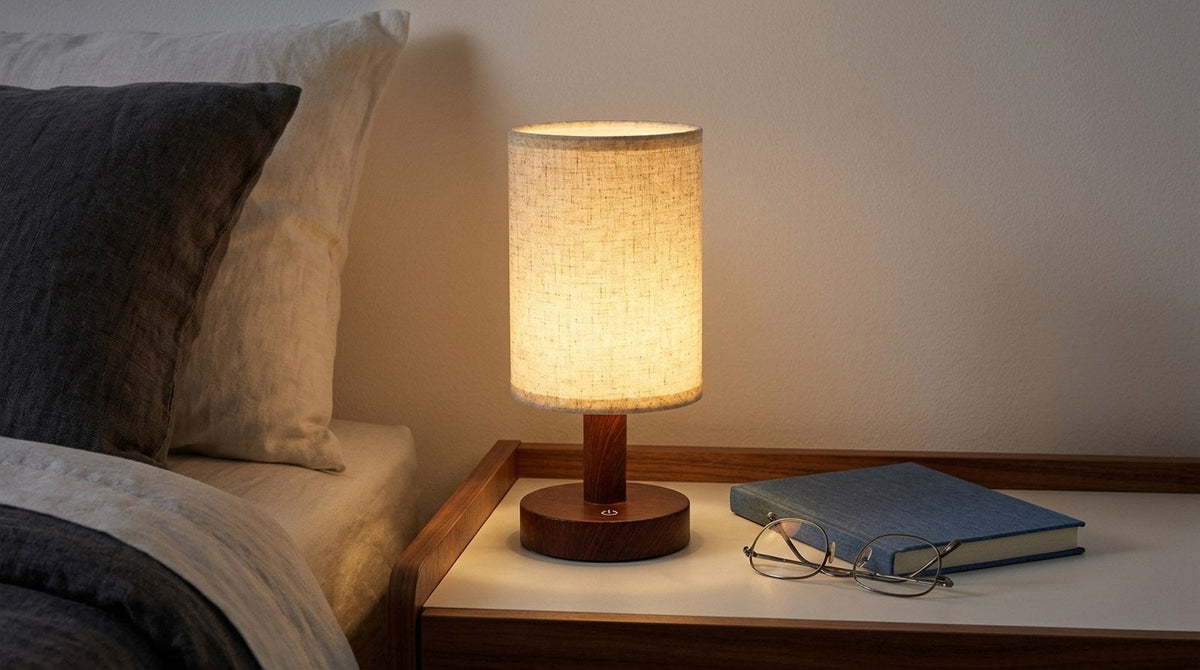 Small cordless lamp glowing warmly on a nightstand beside a made bed at night