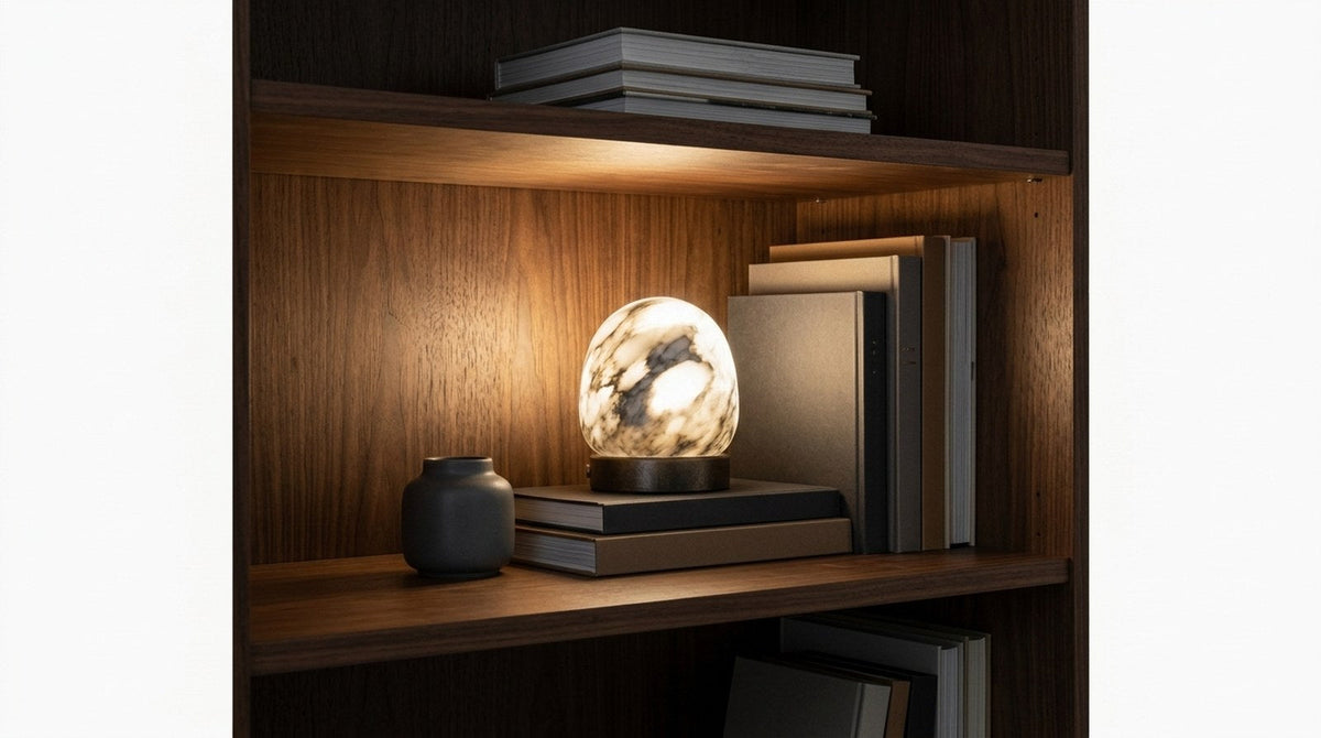 Small alabaster cordless lamp glowing on a walnut bookshelf between stacks of books