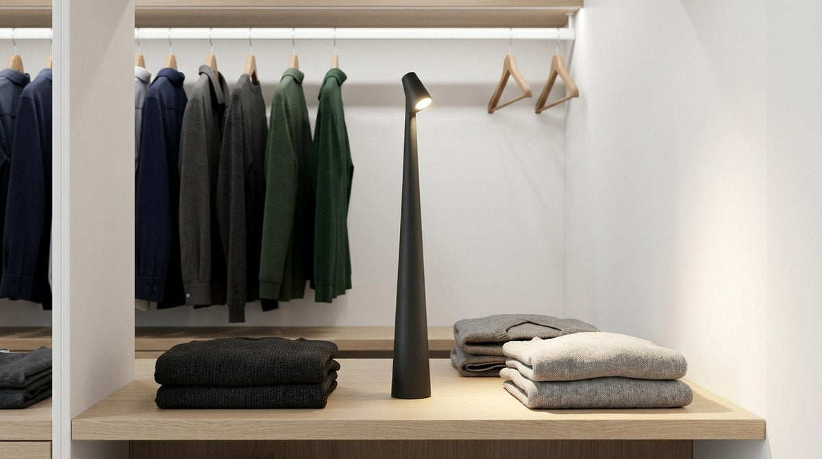 Walk-in closet with neutral white light on hanging clothes and a slim lamp on an open shelf