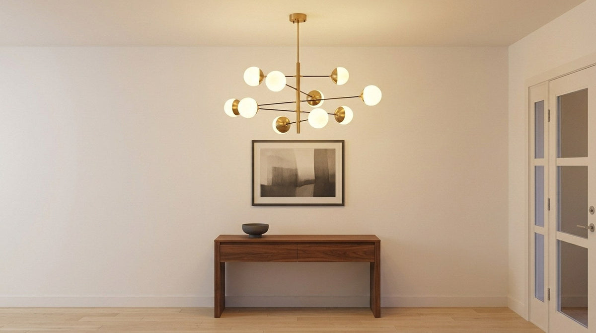 Gold multi-globe chandelier lit in a modern entryway above a console table