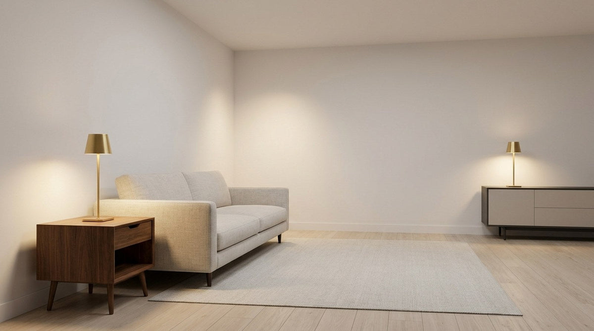 Living room with no ceiling fixture lit by three separate lamps at different heights