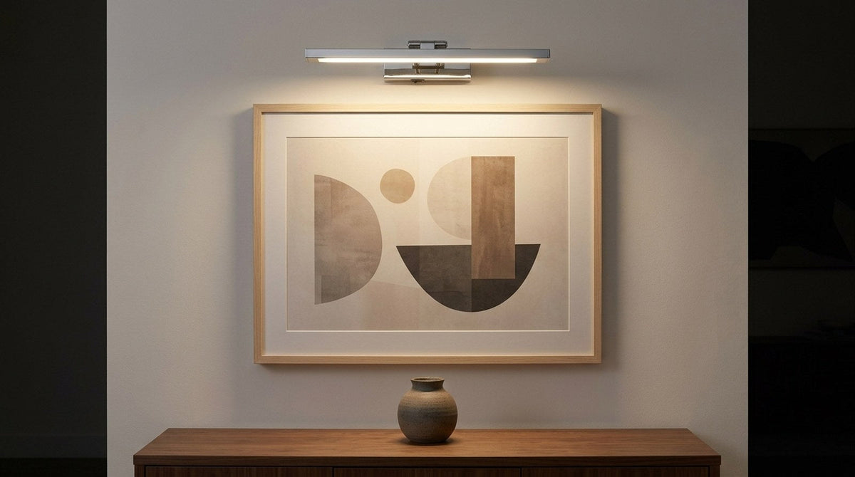 Rechargeable swing-arm picture light mounted above a large framed print on a pale wall