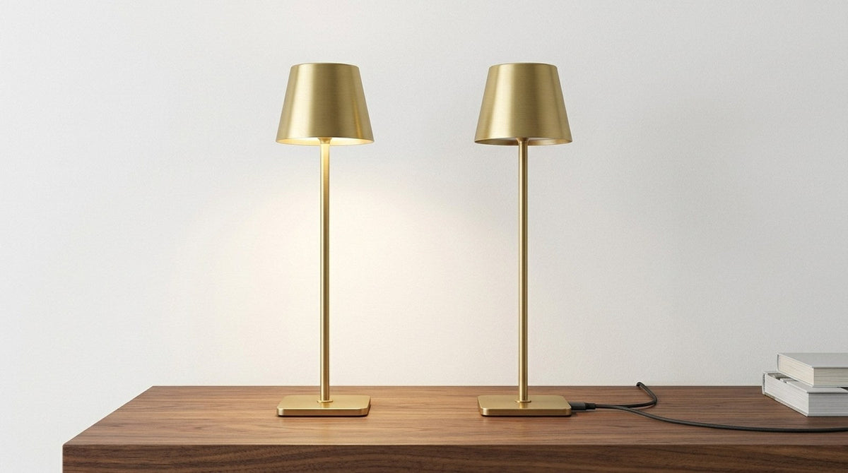 Pair of cordless aluminum table lamps switched on, one charging by USB-C cable on a walnut surface