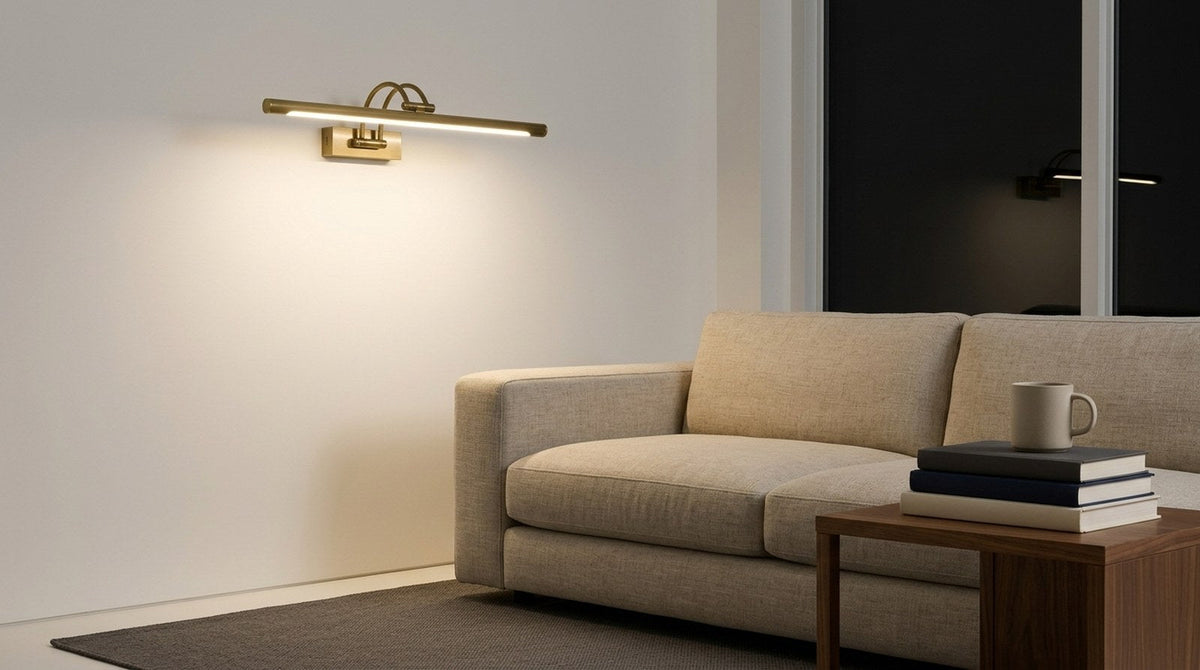 Brass rechargeable wall light switched on above a sofa in a rental apartment, no visible cord