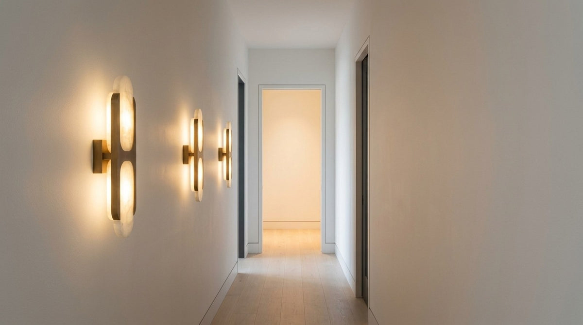 Alabaster wall sconces evenly spaced along a hallway at eye level