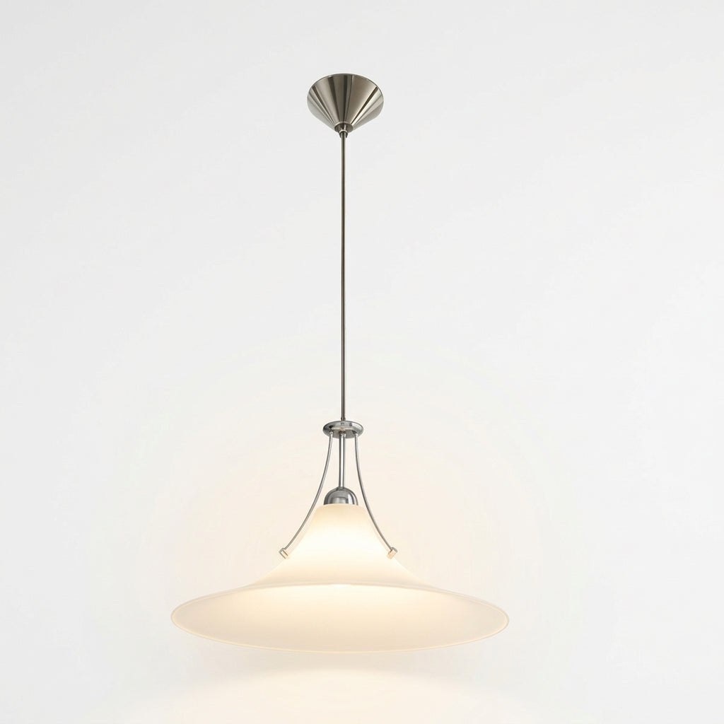 Minimalist Frosted Glass Pendant Light, switched on against a plain studio background