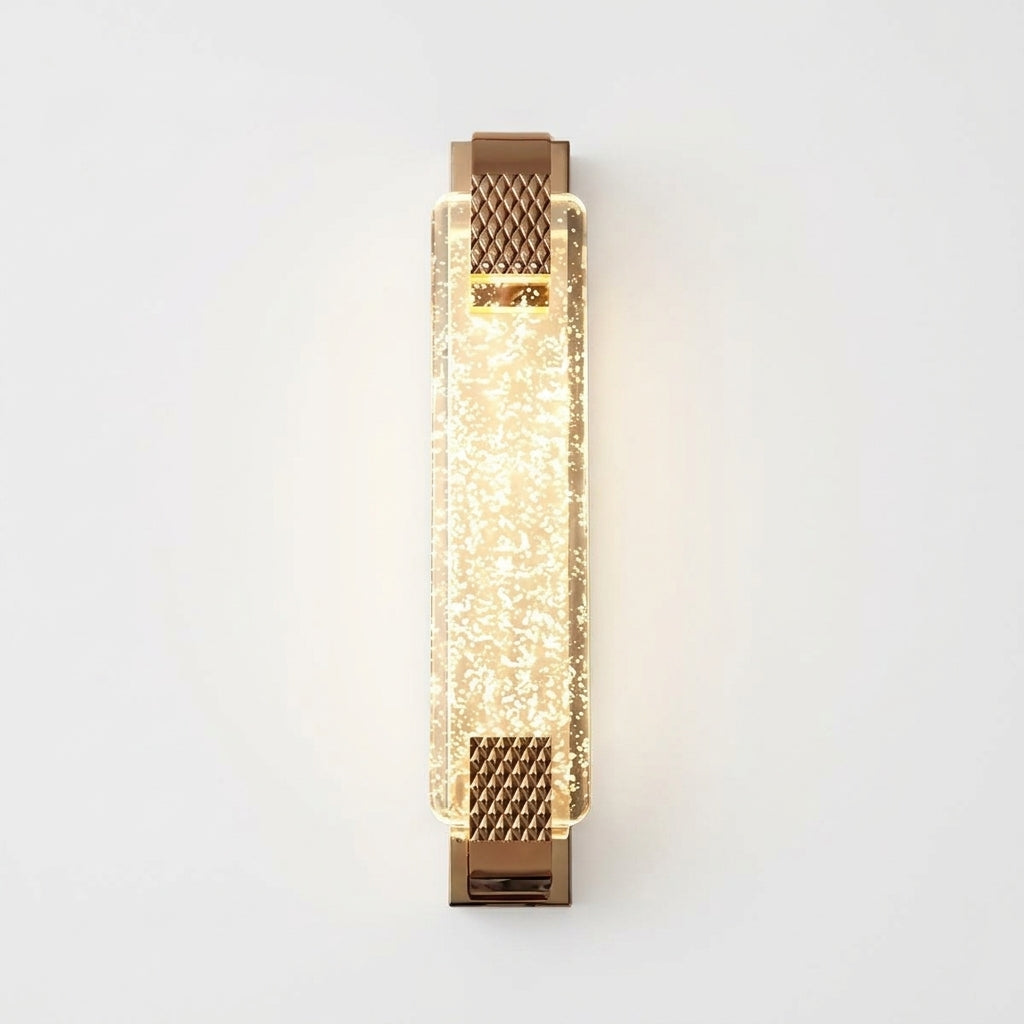 Crystal and Gold Rectangular Wall Light, switched on against a plain studio background
