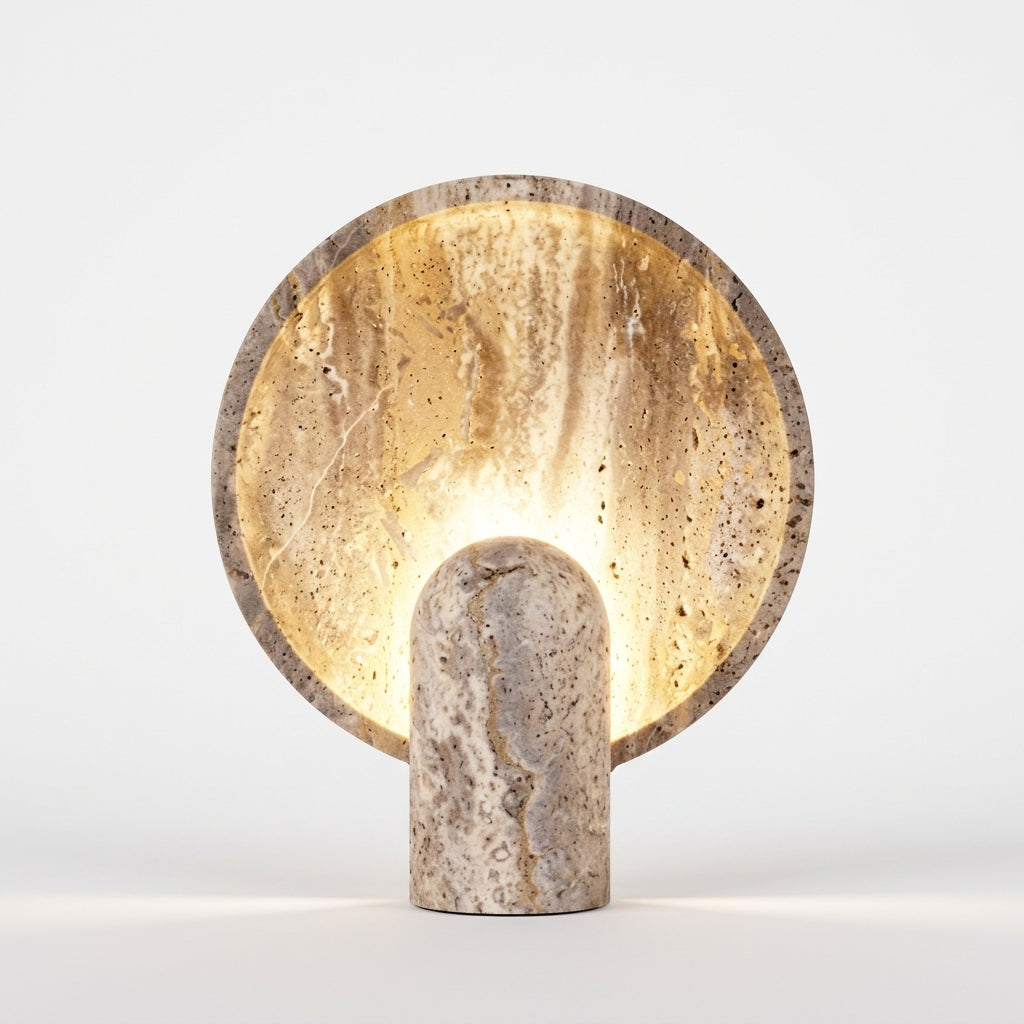 Travertine Table Lamp, switched on against a plain studio background