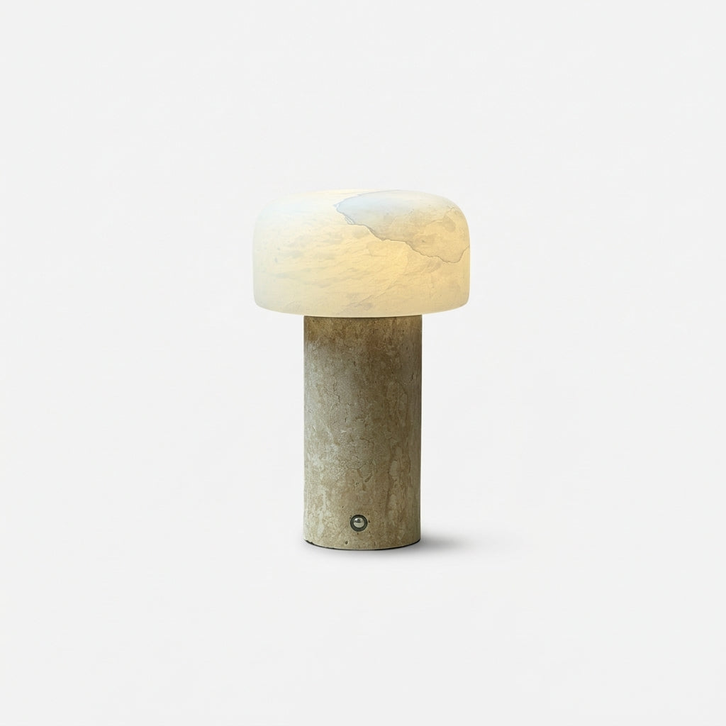Travertine and Alabaster Cordless Lamp, switched on against a plain studio background