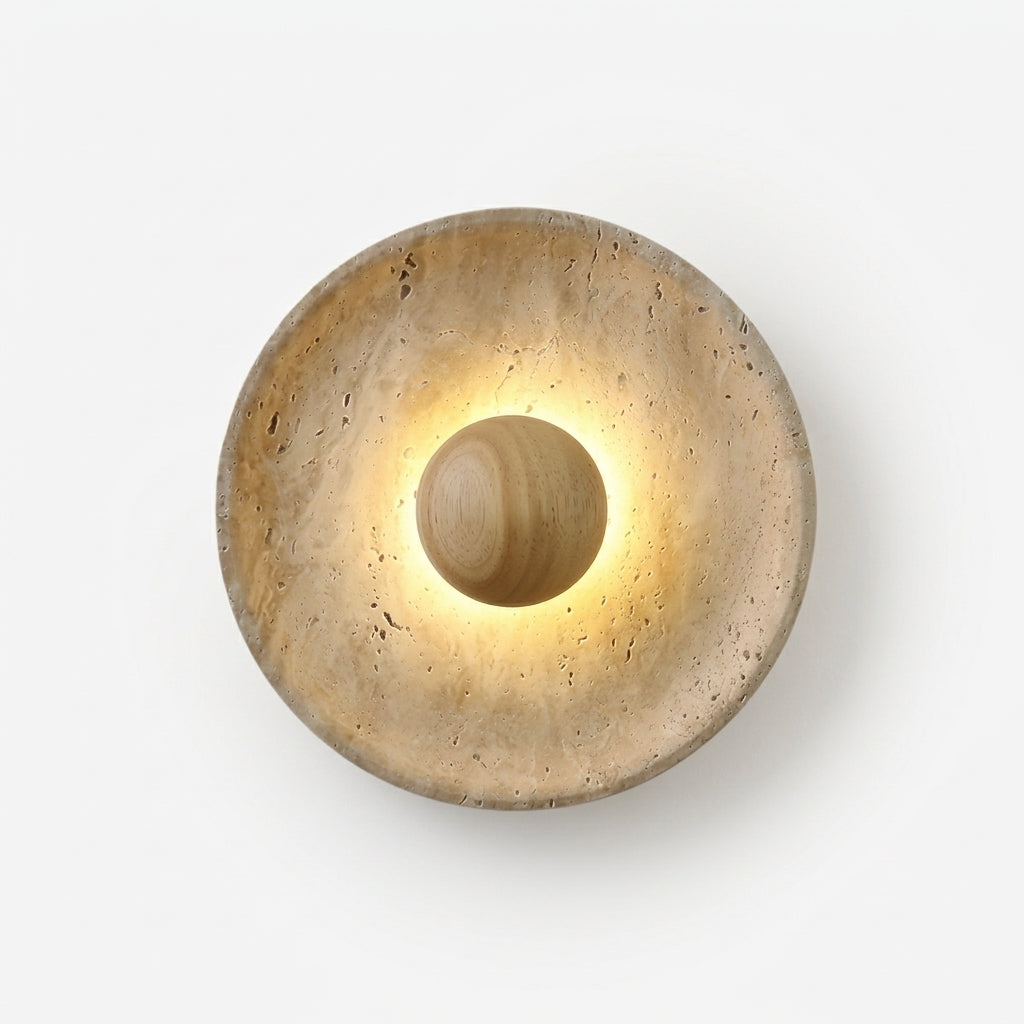 Travertine and Wood Wall Light, switched on against a plain studio background