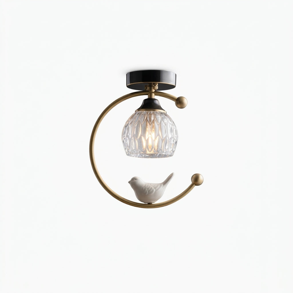 Ceramic and Brass Ceiling Lamp, switched on against a plain studio background