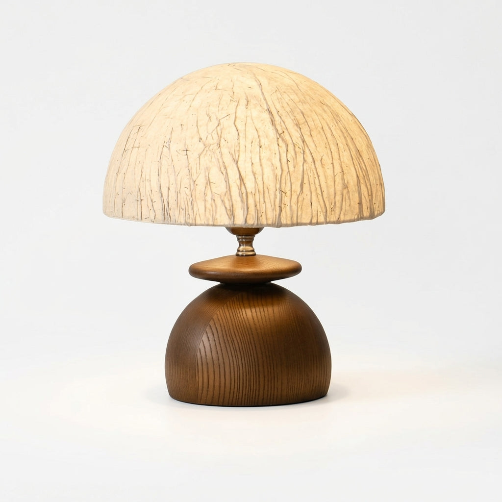 Paper Shade and Wood Table Lamp, switched on against a plain studio background