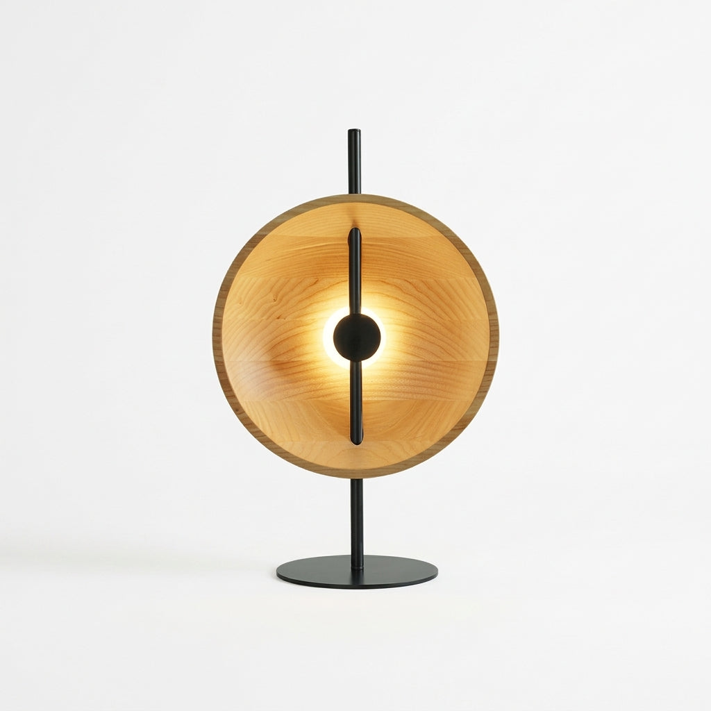 Wood Disc Table Lamp, switched on against a plain studio background