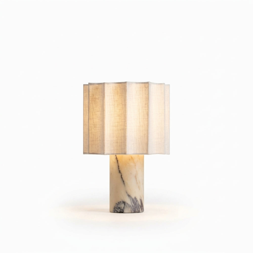 Marble and Fabric Cordless Table Lamp, switched on against a plain studio background