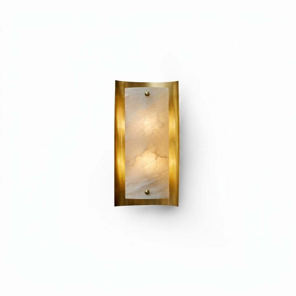 Tall Alabaster and Brass Wall Lamp, switched on against a plain studio background