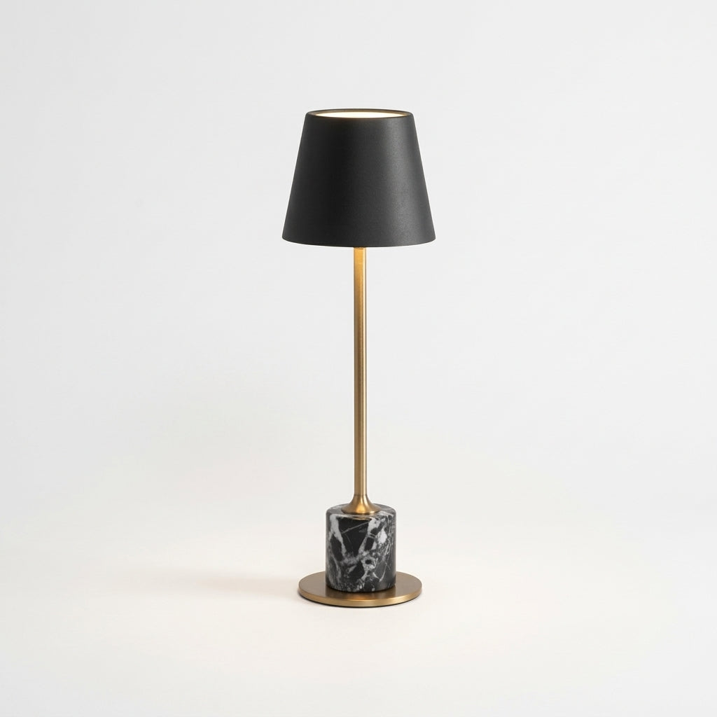 Mini Marble Stem Lamp, switched on against a plain studio background