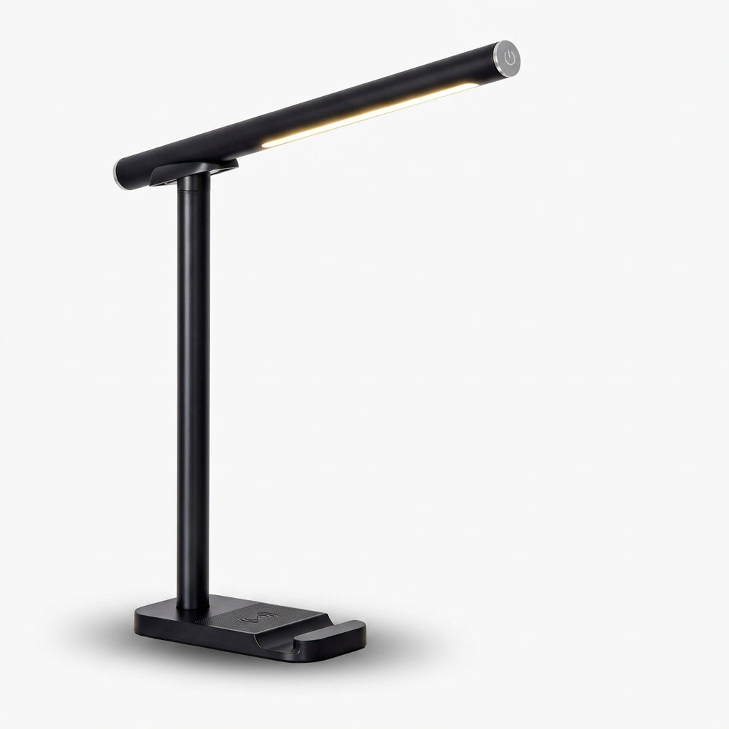Folding Desk Lamp with Touch Dimming and USB Port, switched on against a plain studio background