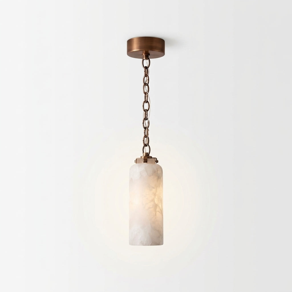 Slim Alabaster and Brass Pendant Light, switched on against a plain studio background
