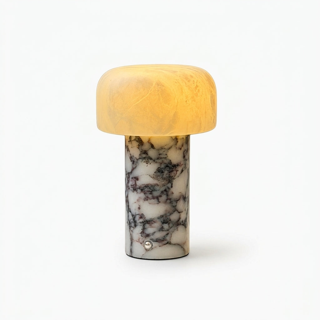 Marble Base Alabaster Shade Lamp, switched on against a plain studio background