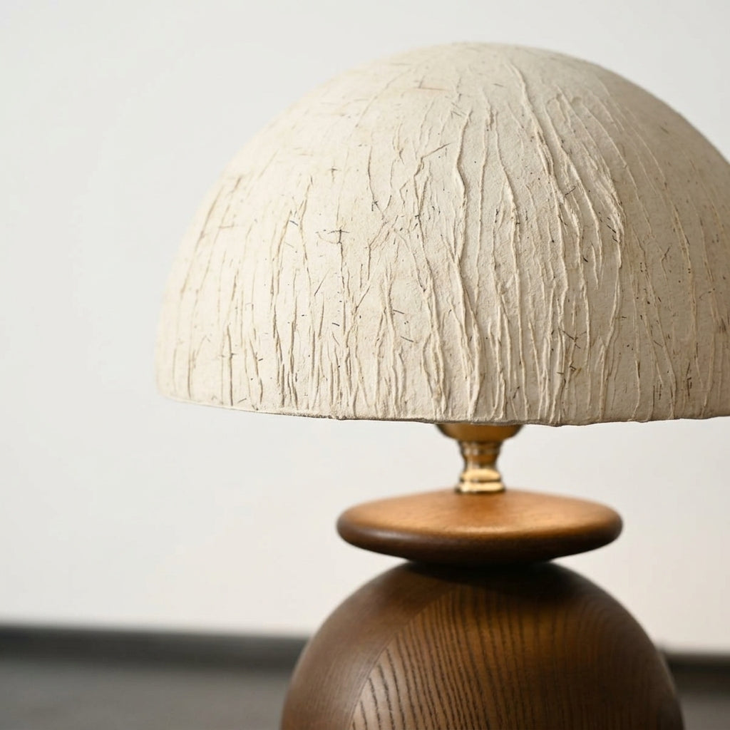 Close detail of the wood base, paper shade on the Paper Shade and Wood Table Lamp