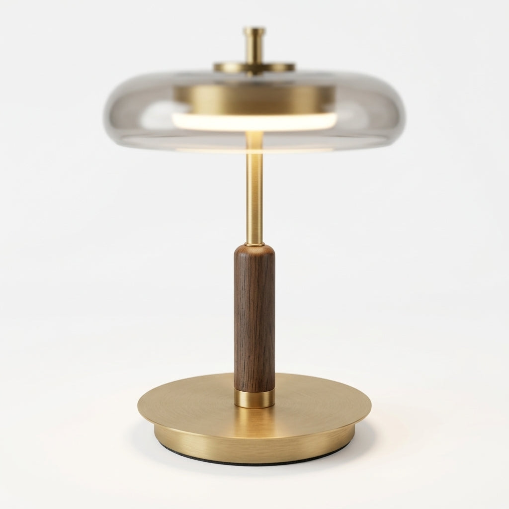Close detail of the brass, glass, walnut on the Glass, Walnut and Brass Table Lamp