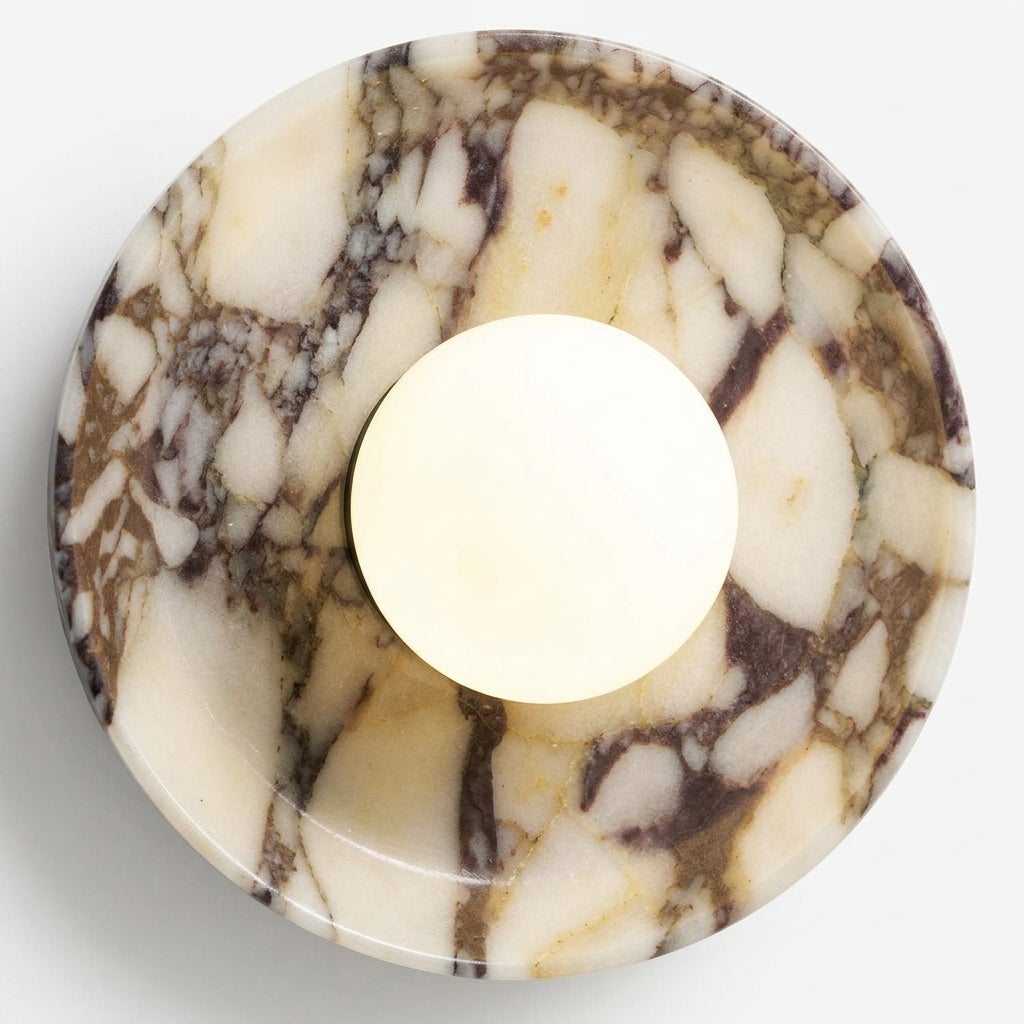 Close detail of the calacatta viola marble, frosted glass on the Purple Marble and Frosted Glass Wall Light