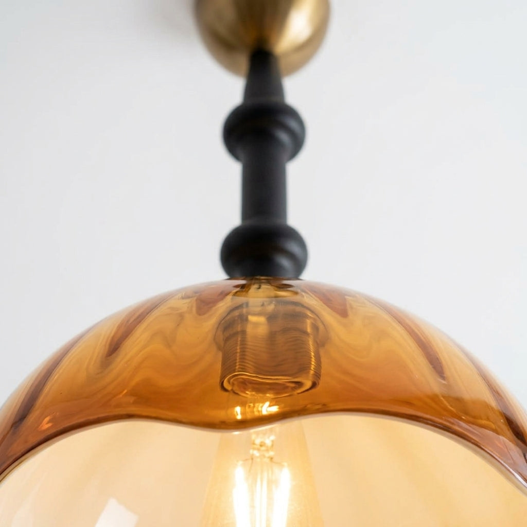 Close detail of the glass shade, solid wood frame on the Retro Glass Dome Pendant Light