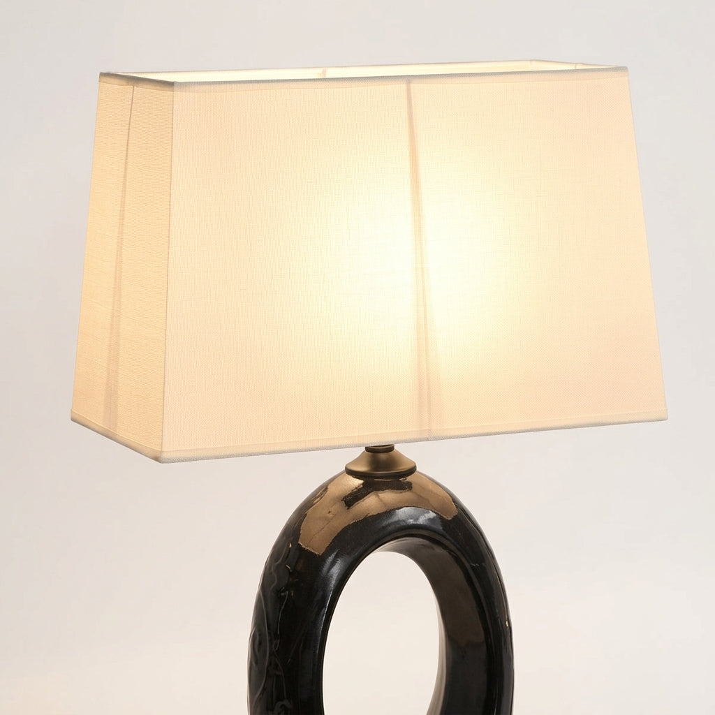 Close detail of the ceramic, fabric shade on the Ceramic and Fabric Table Lamp