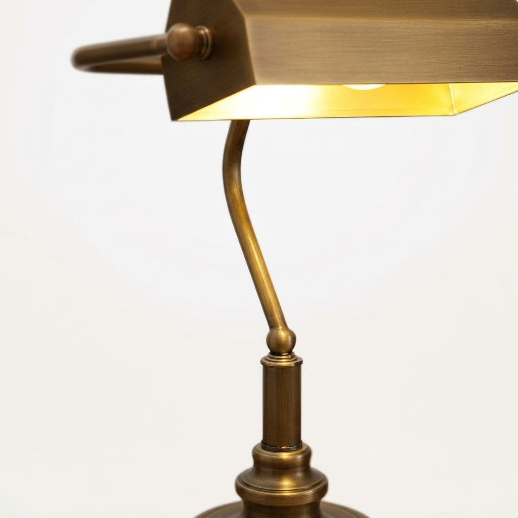 Close detail of the brass on the Antiqued Brass Library Desk Lamp