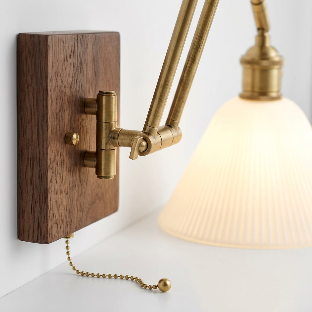Close detail of the ceramic shade, iron, ash wood on the Ceramic Swing Arm Wall Sconce