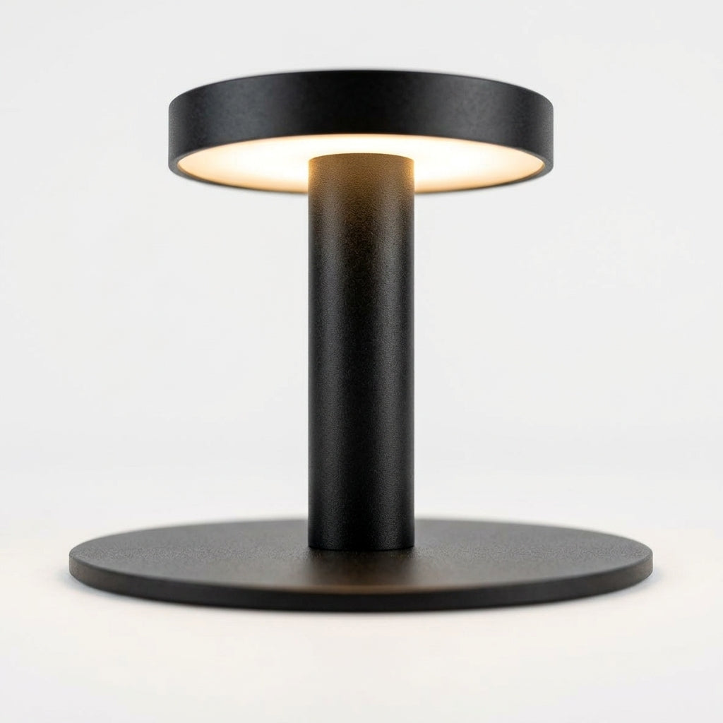 Close detail of the aluminum stem, acrylic diffuser on the Sand-Finish Aluminum Cordless Lamp