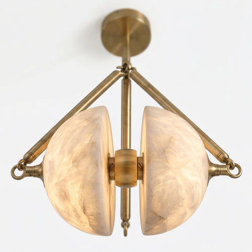 Close detail of the alabaster shade, metal fittings on the Alabaster Oyster Pendant