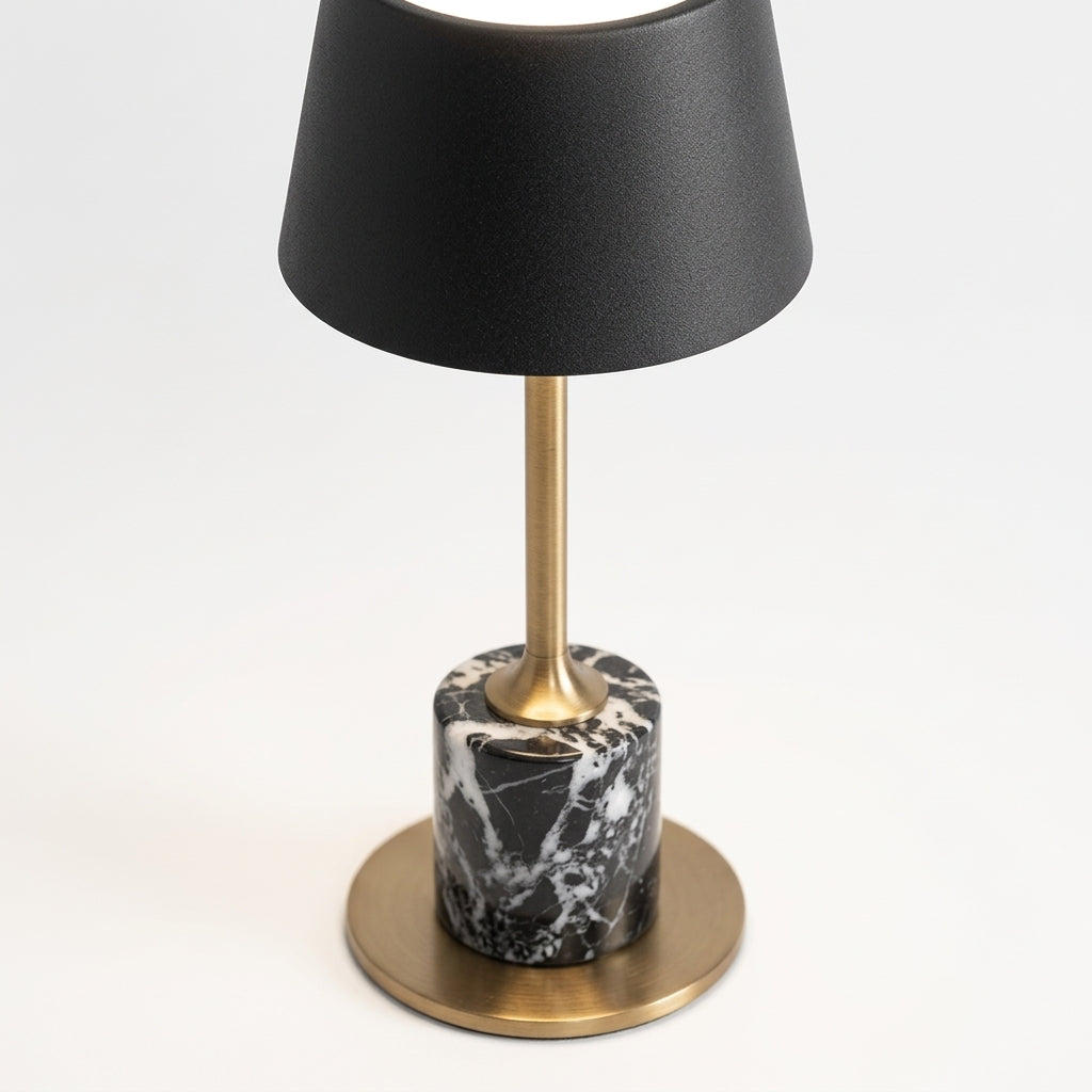 Close detail of the marble base, metal stem on the Mini Marble Stem Lamp