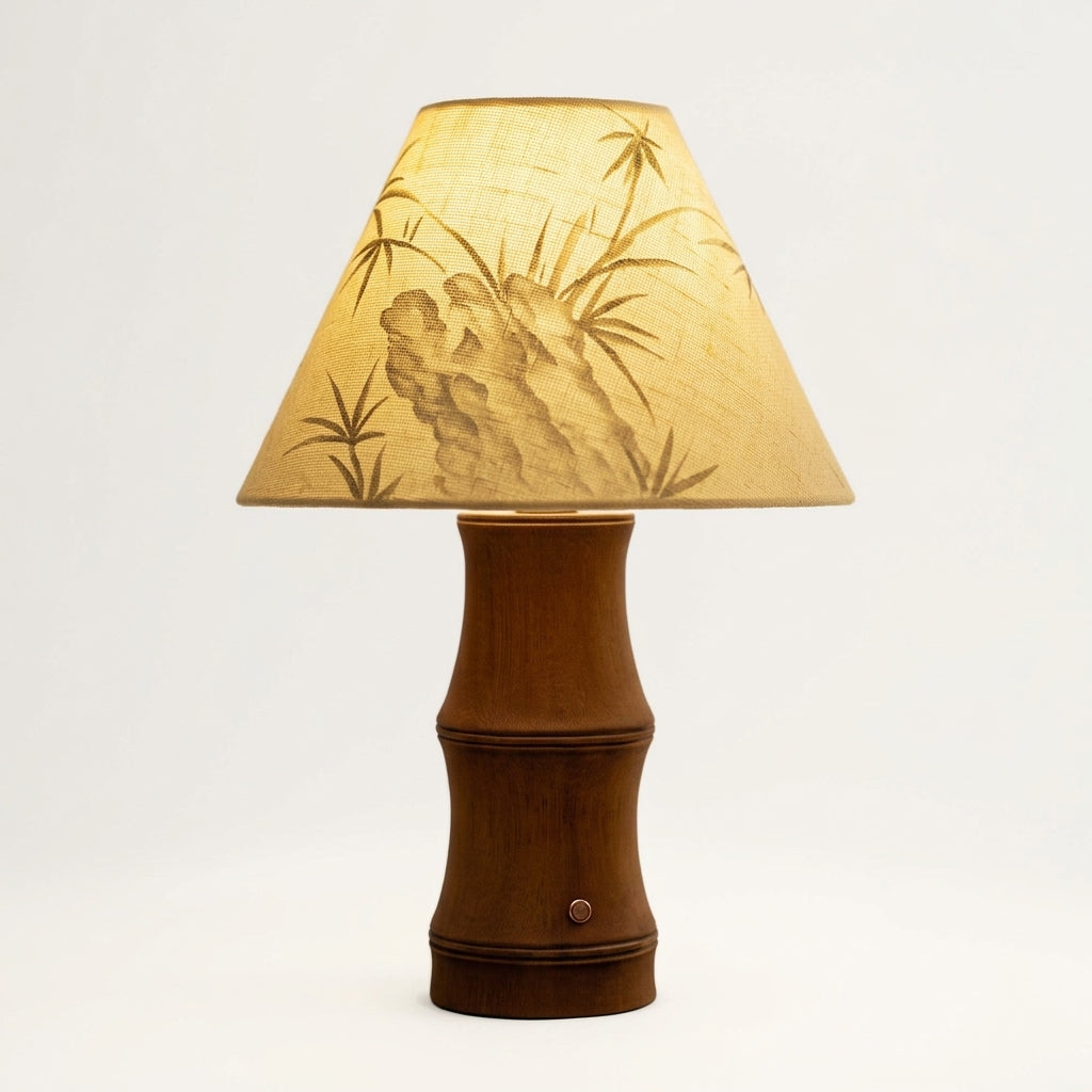 Close detail of the oak wood base, fabric shade, metal fittings on the Oak and Linen Cordless Lamp