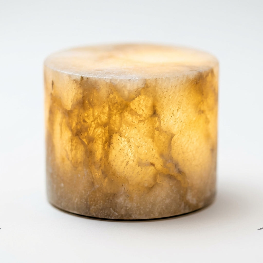 Close detail of the solid alabaster on the Alabaster Puck Cordless Lamp