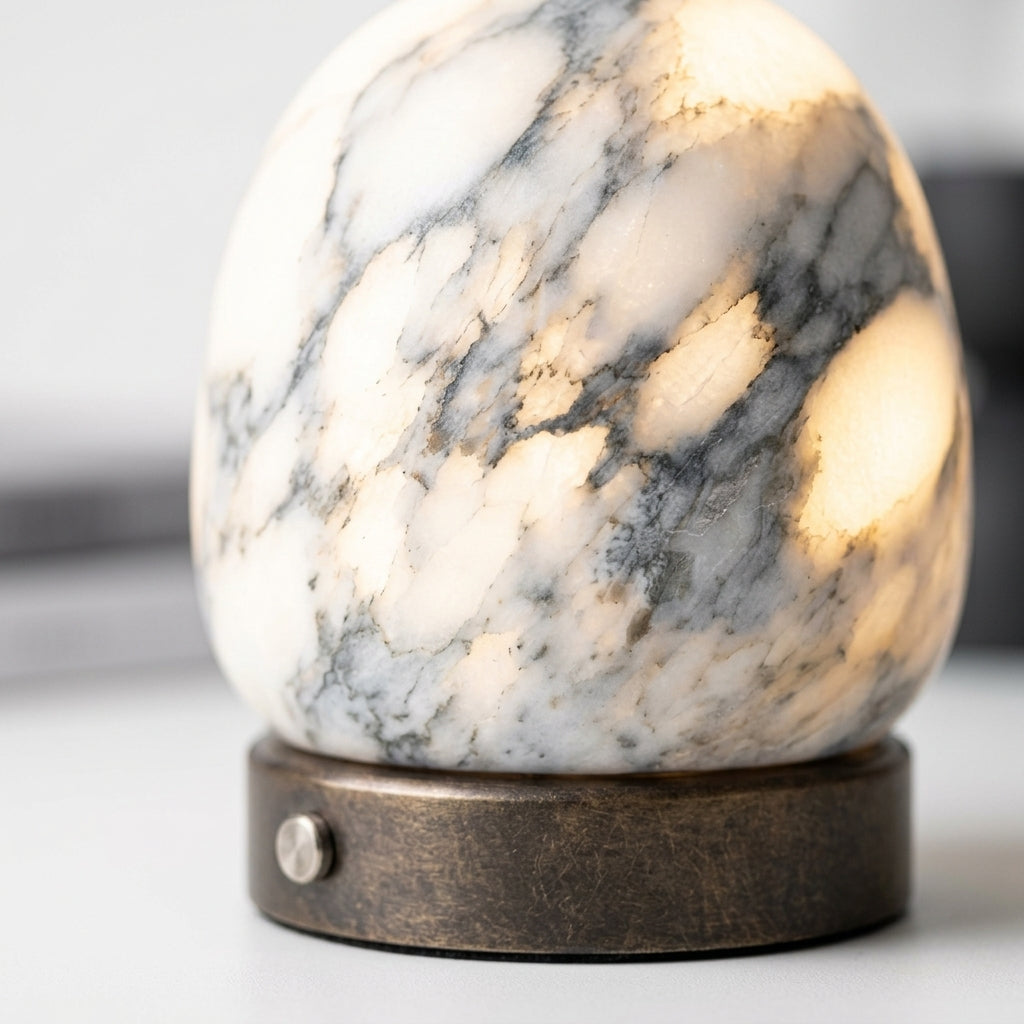 Close detail of the alabaster shade, stainless steel base on the Alabaster Dome Cordless Lamp