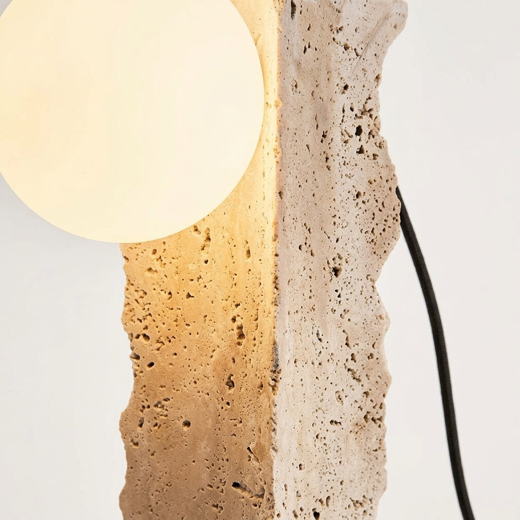 Close detail of the travertine on the Travertine Column Table Lamp