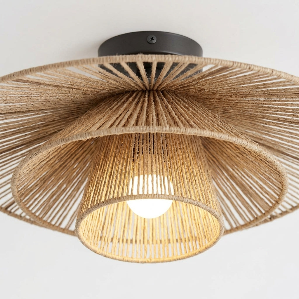 Close detail of the hemp rope, metal frame on the Hemp Rope Flush Mount