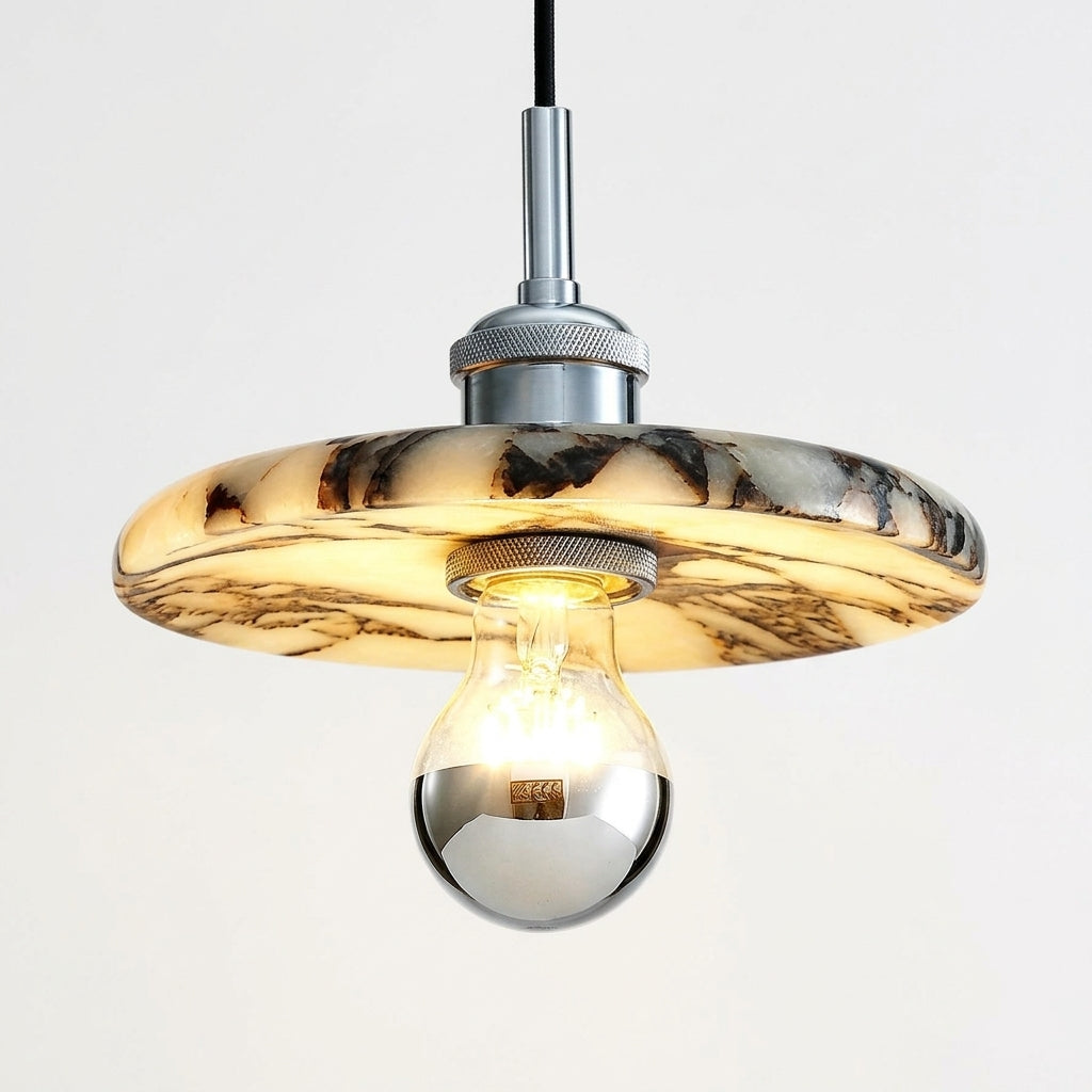 Close detail of the metal body, marble shade on the Marble Cylinder Pendant Light