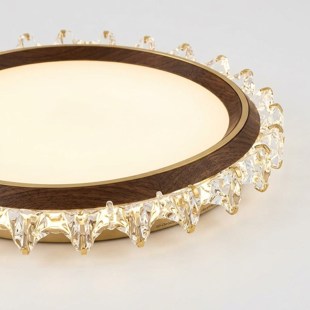 Close detail of the metal, acrylic, wood on the Round Wood and Acrylic Ceiling Light