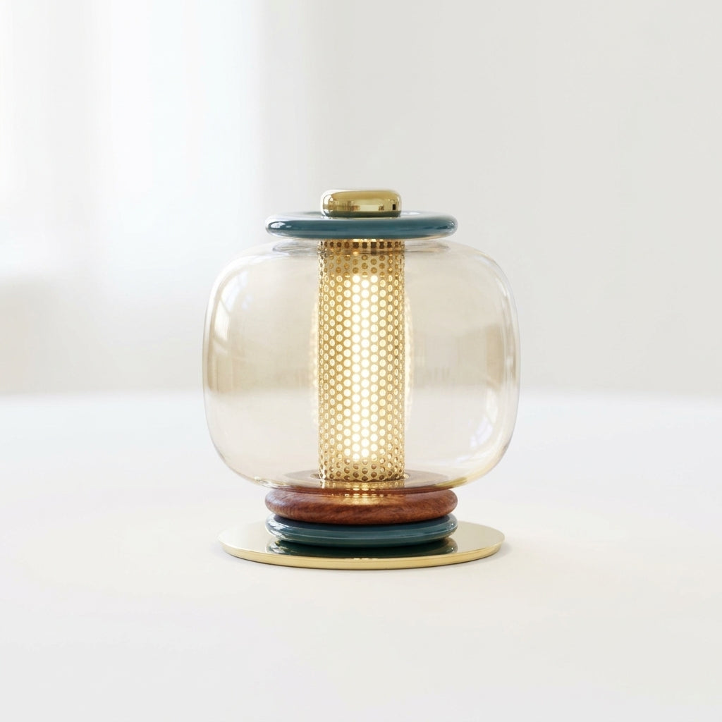 Close detail of the iron body, glass shade on the Polished Metal and Glass Table Lamp