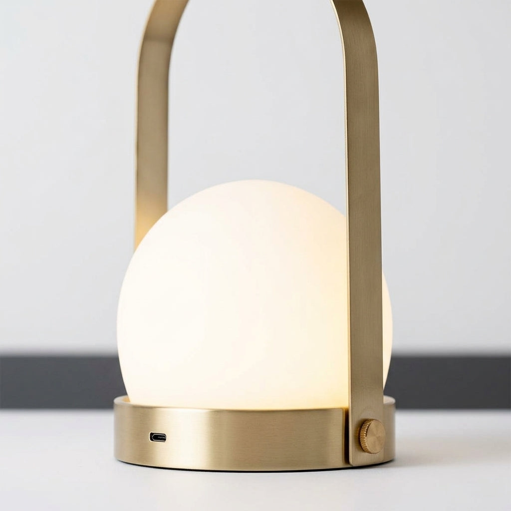 Close detail of the metal stem, glass shade on the Dome Glass Cordless Lamp