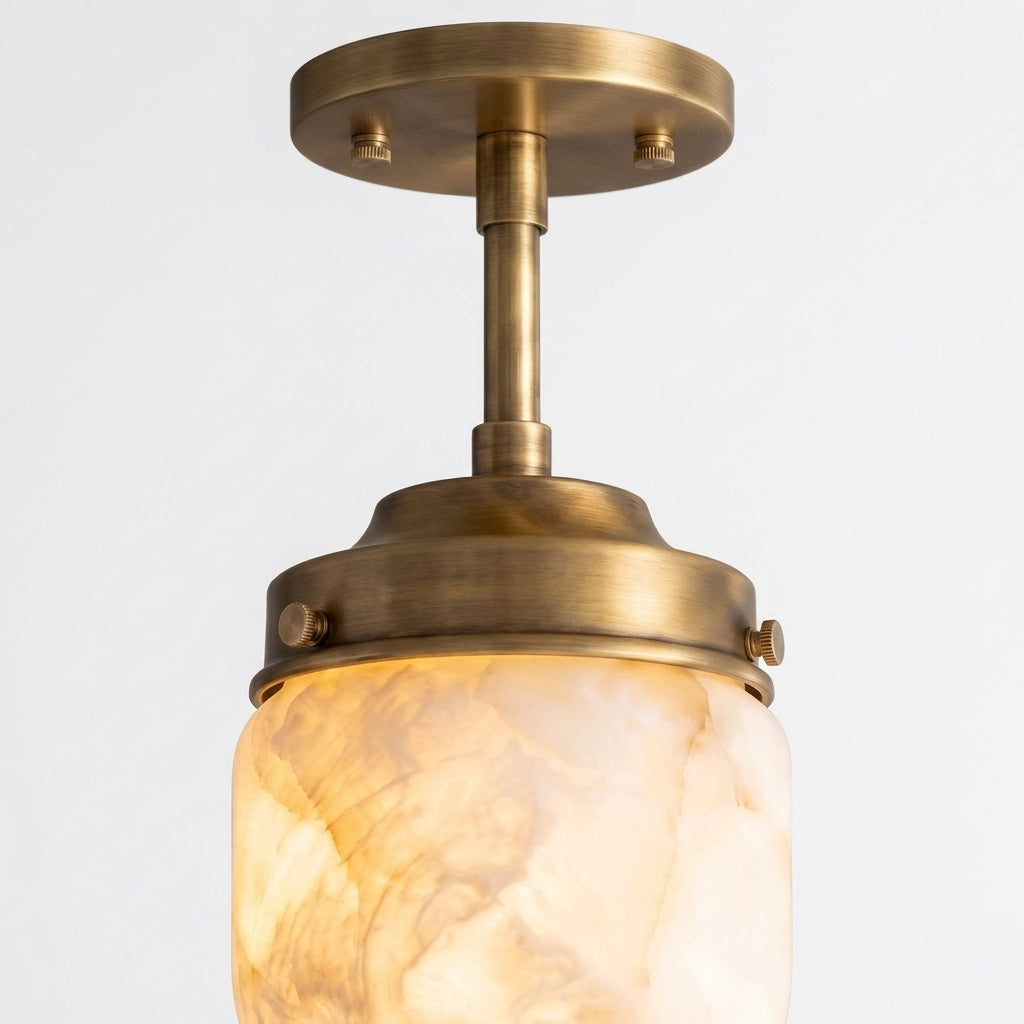 Close detail of the alabaster shade, brass on the Alabaster Semi-Flush Ceiling Light