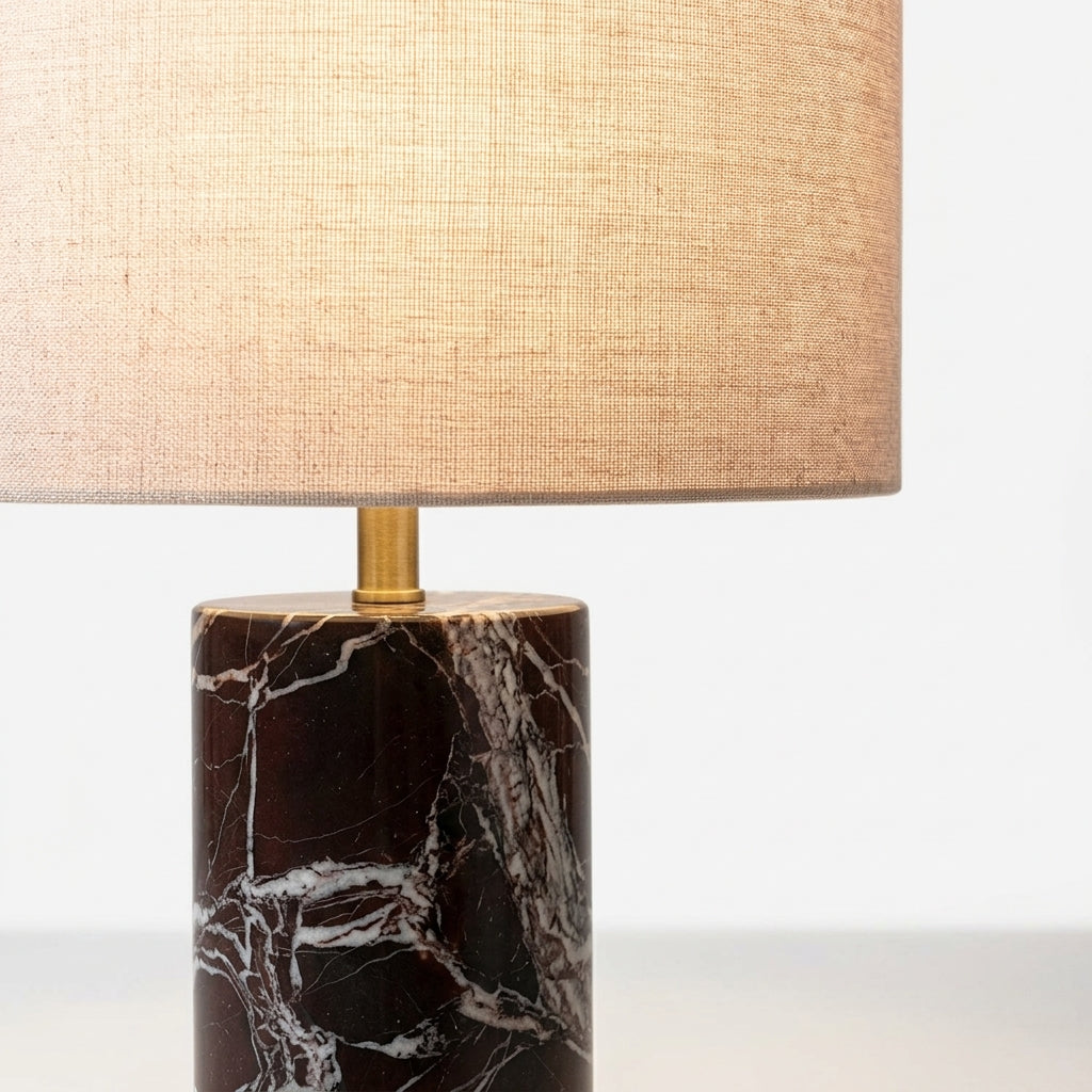 Close detail of the marble base, linen shade, metal on the Veined Marble Table Lamp