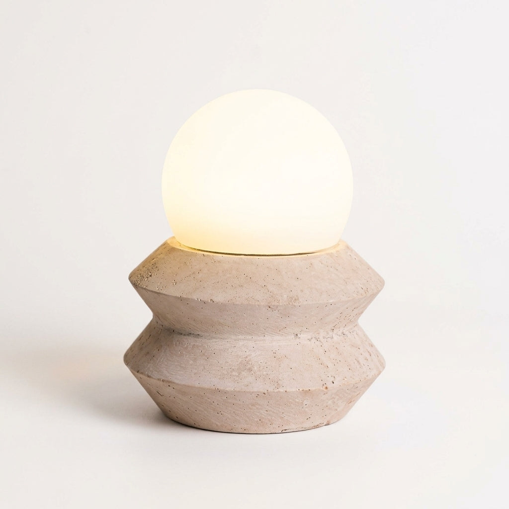 Close detail of the travertine body, pe shade on the Travertine Cube Cordless Lamp