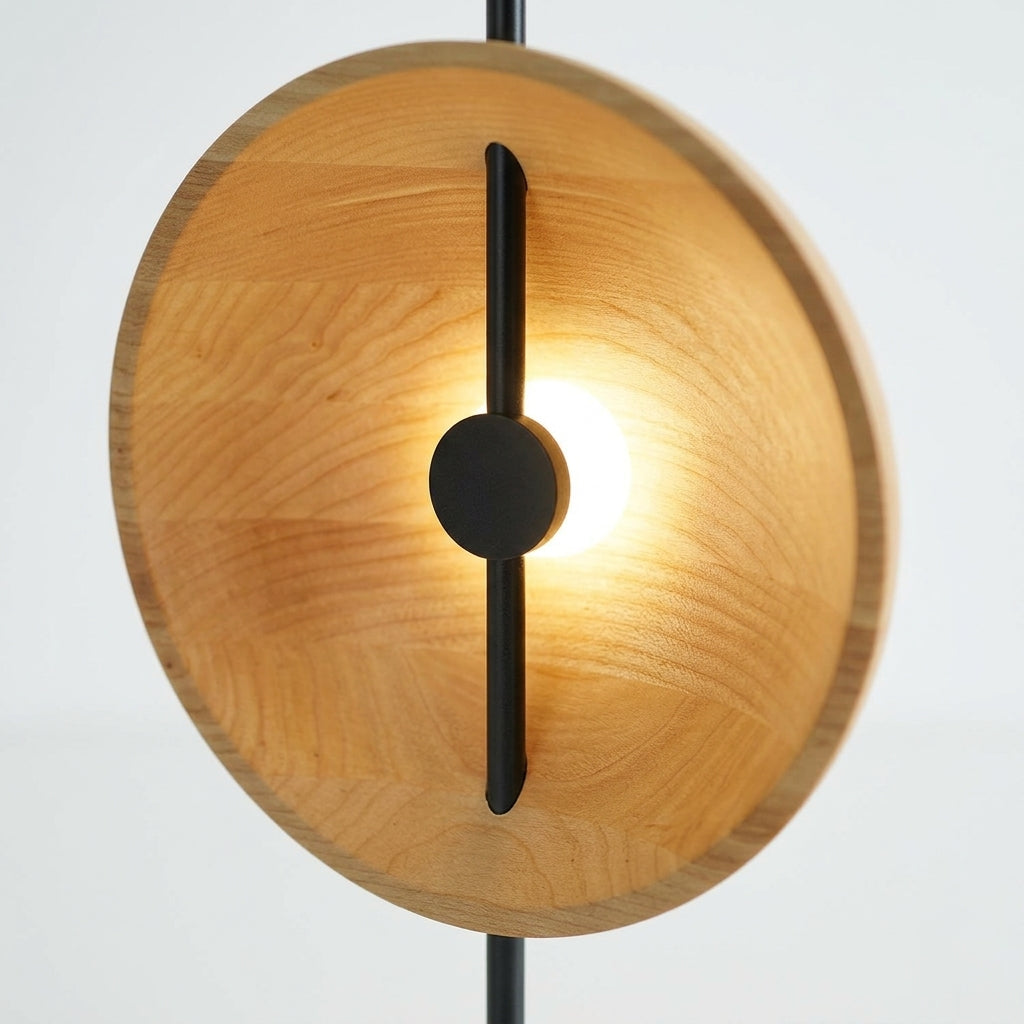Close detail of the wood, metal on the Wood Disc Table Lamp
