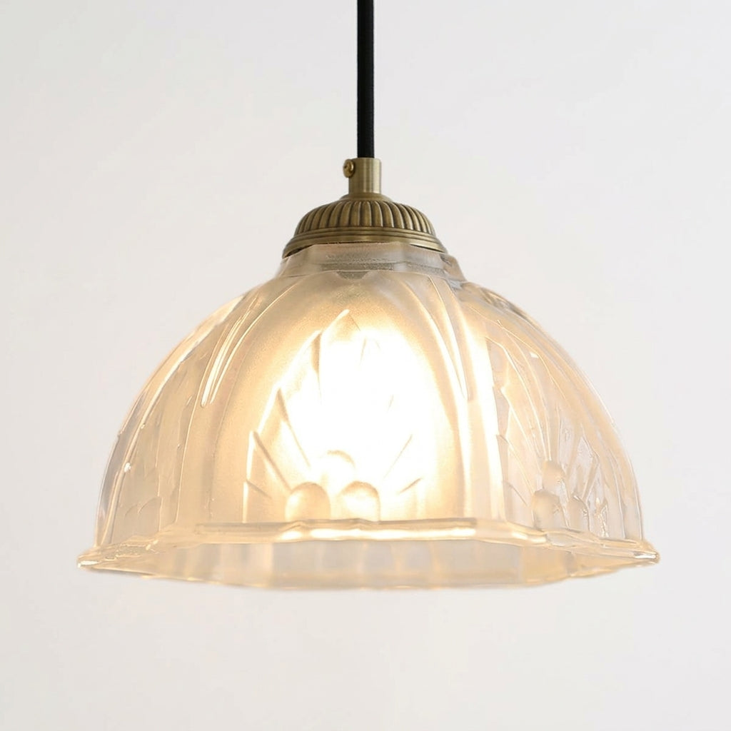 Close detail of the brass, glass on the Scalloped Glass Petal Pendant Light