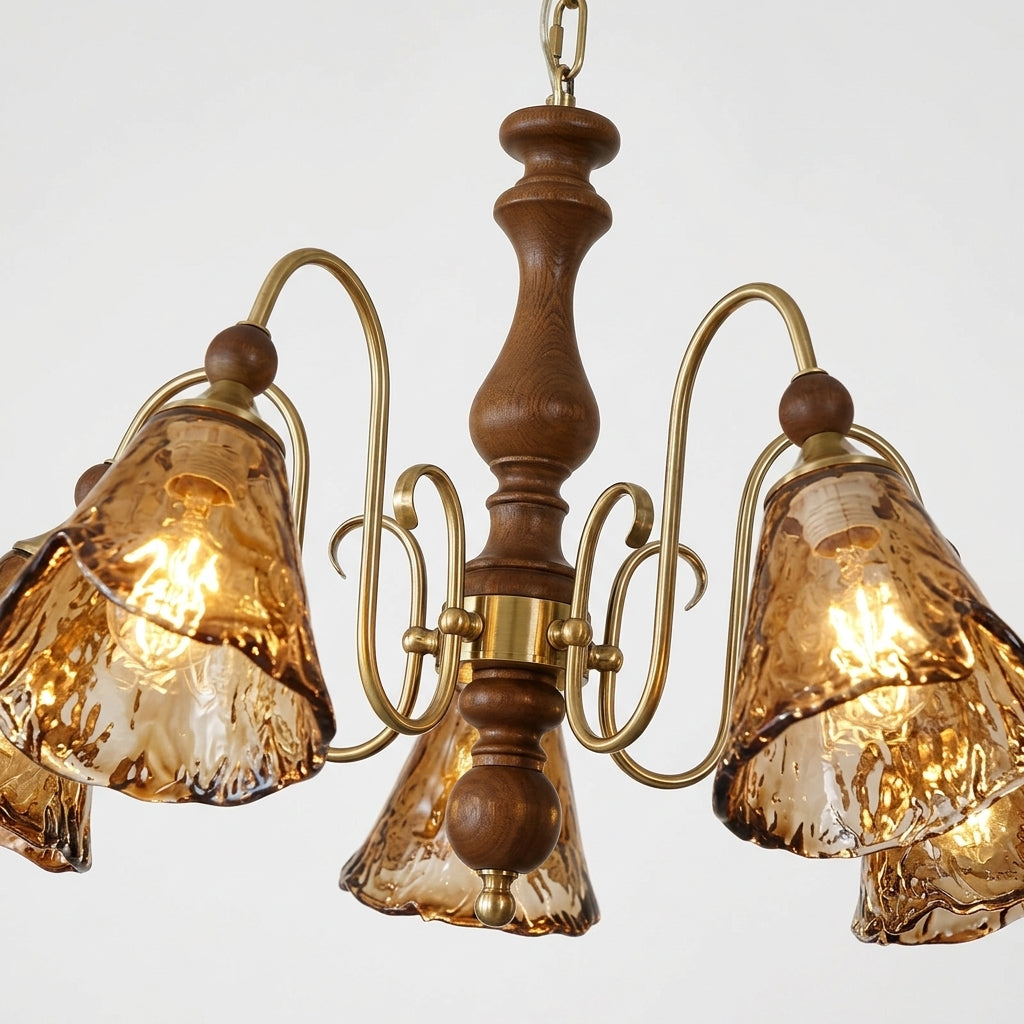 Close detail of the metal, glass, wood on the Copper and Amber Multi-Light Ceiling Fixture