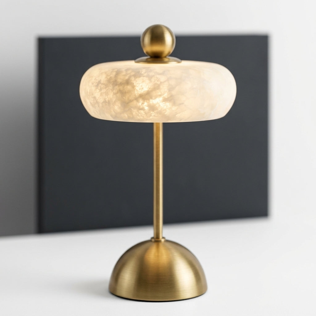 Close detail of the alabaster, brass on the Alabaster Disc Table Lamp